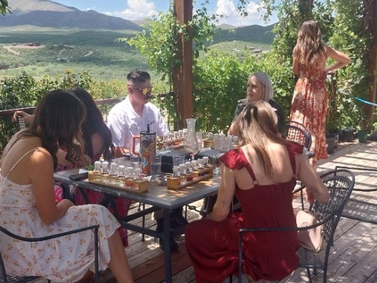 Guests tasting wine on a vineyard deck